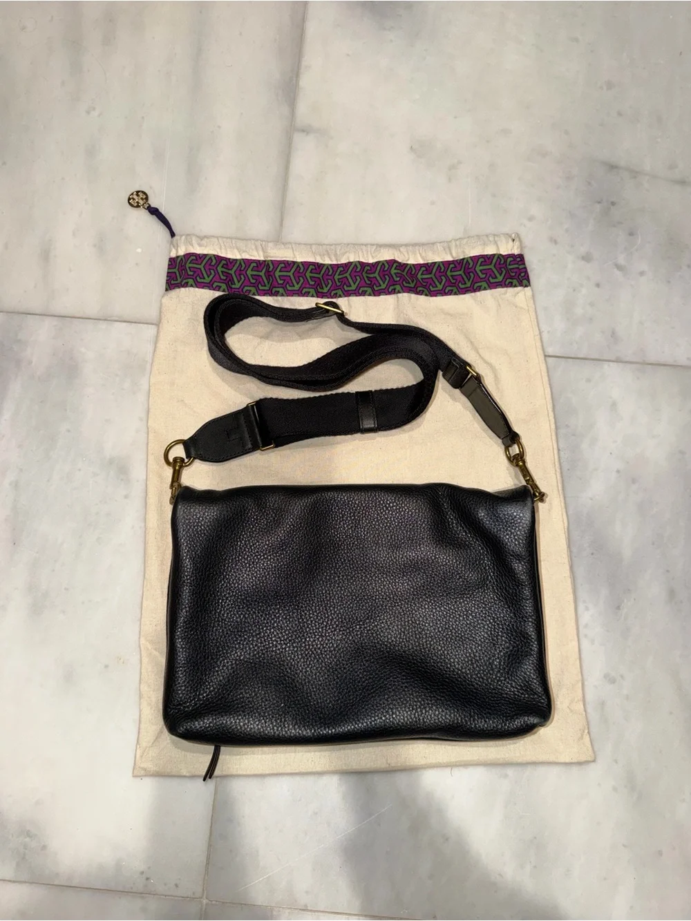 Tory Burch Black Pebbled Leather Crossbody Bag with Adjustable Strap